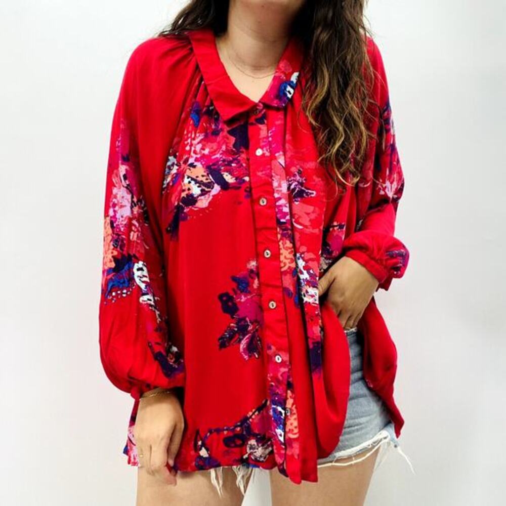 Free‎ People S pink floral oversized button up swing blouse